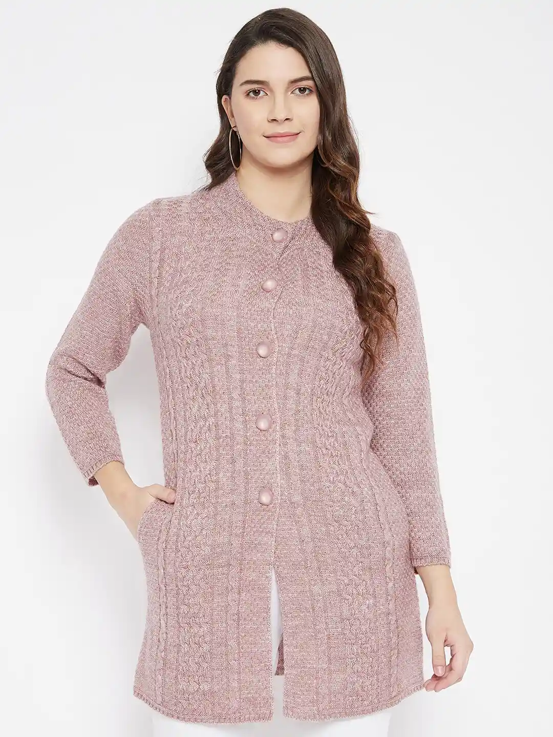 Buy Zigo Women Mauve Cable Knit Woolen Longline Cardigan Sweater - Main Image