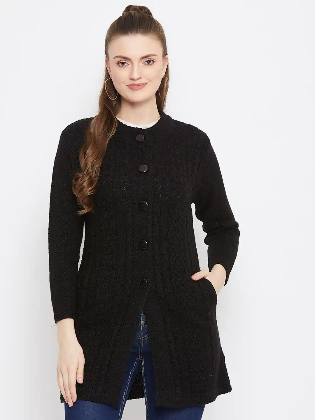 Buy Zigo Women Black Cable Knit Wool Longline Cardigan - Sweaters