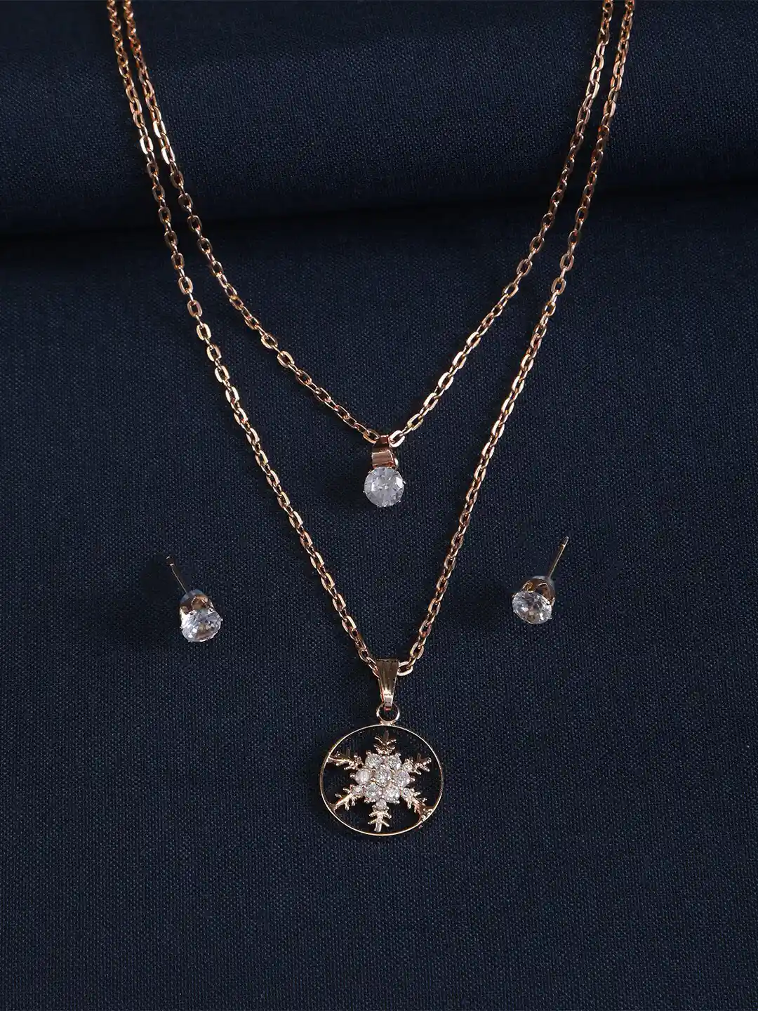 ZINU White Cubic Zirconia Stud Rose Gold-Plated Layered Necklace with  Pendant and Earrings