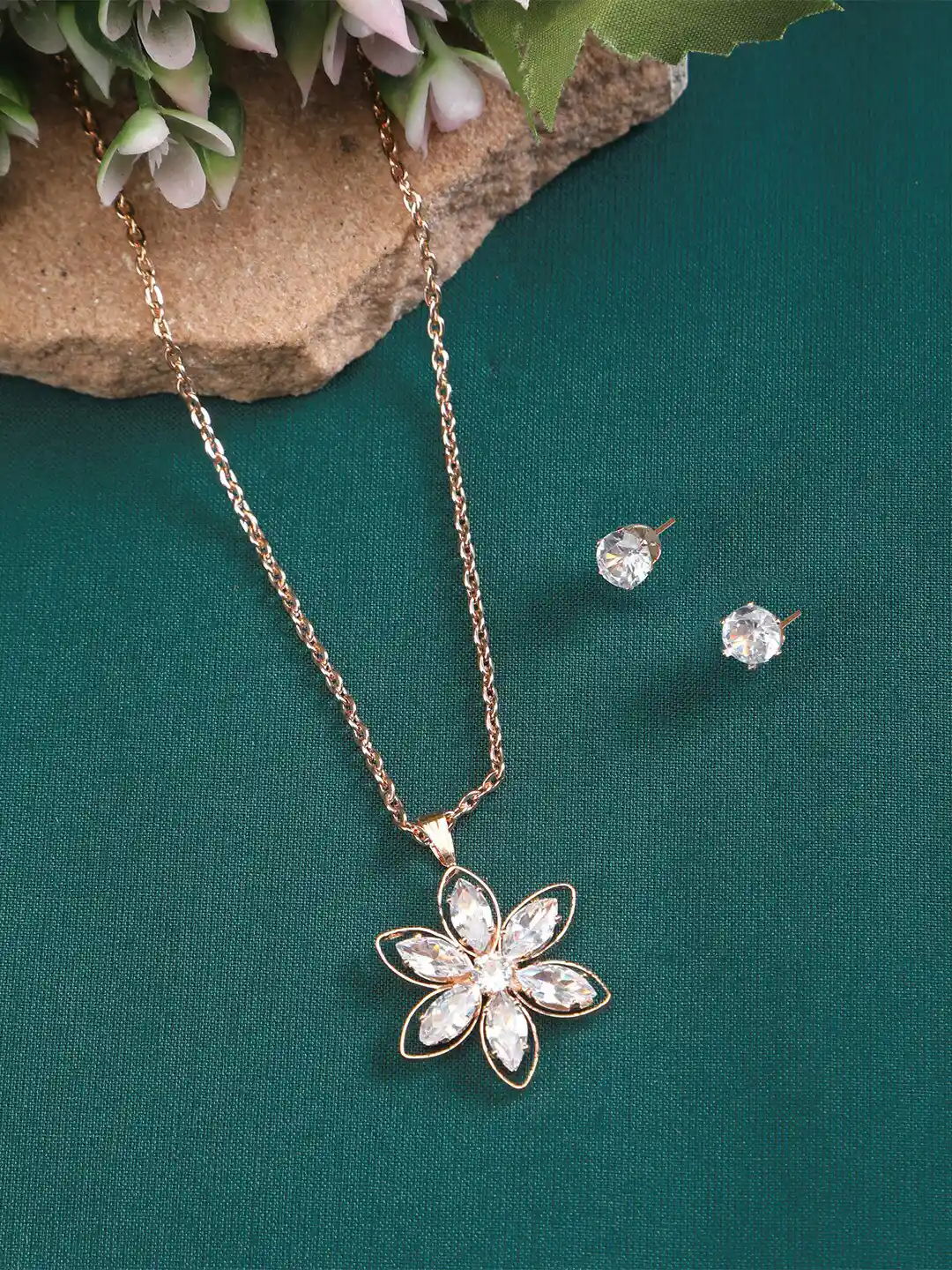 ZINU White Cubic Zirconia Studded Rose Gold-Plated Necklace with Pendant  and