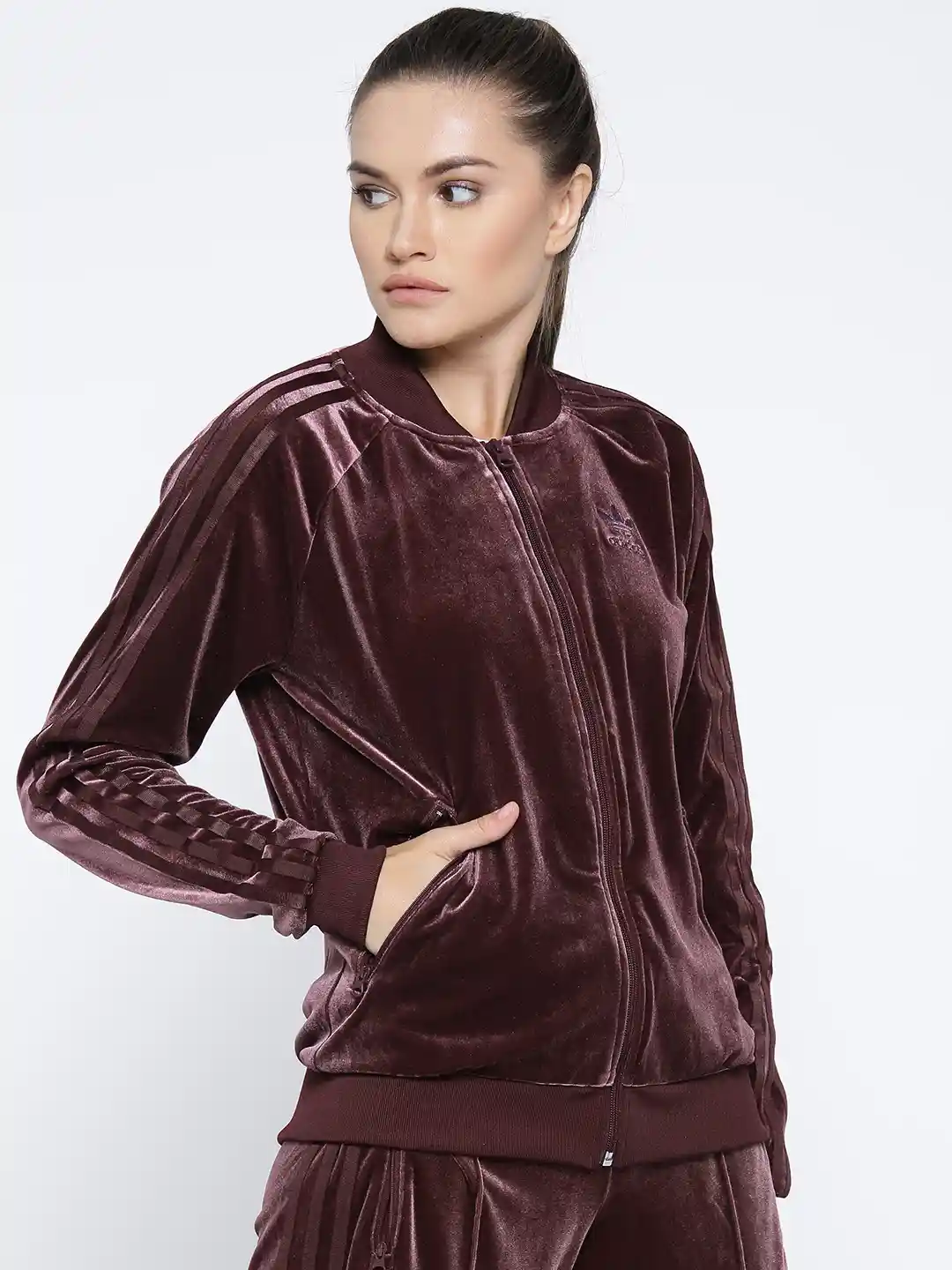 ADIDAS Originals Women Burgundy Velvet Vibes Super Star Track VEL Solid  Bomber Jacket