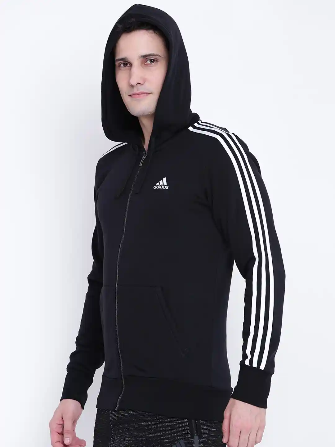 Buy ADIDAS Men Black Essentials Stripes FullZip FT Solid Hooded