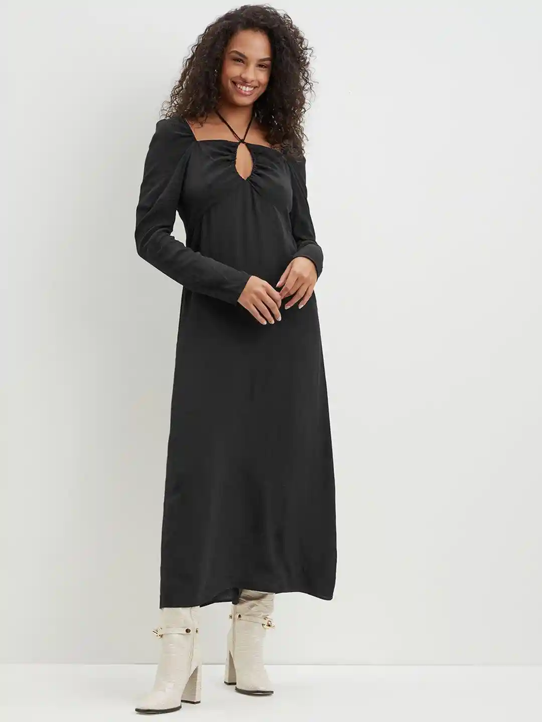 DOROTHY PERKINS Black Solid A-Line Midi Dress