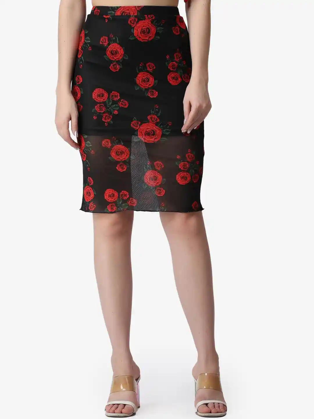 Buy Popwings Women Black Red Floral Printed Knee Length Pencil