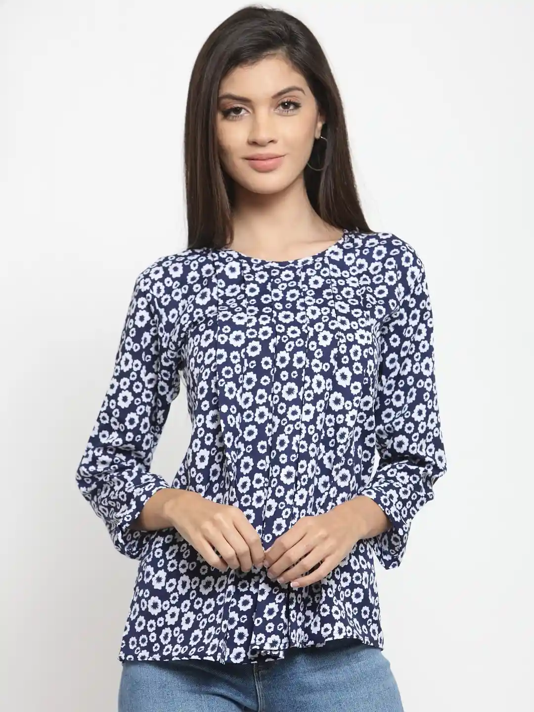 Women’s Floral Print Top – Square Neck Puff Sleeve Blouse With Green Buttons – Elastic Back For Comfort Fit