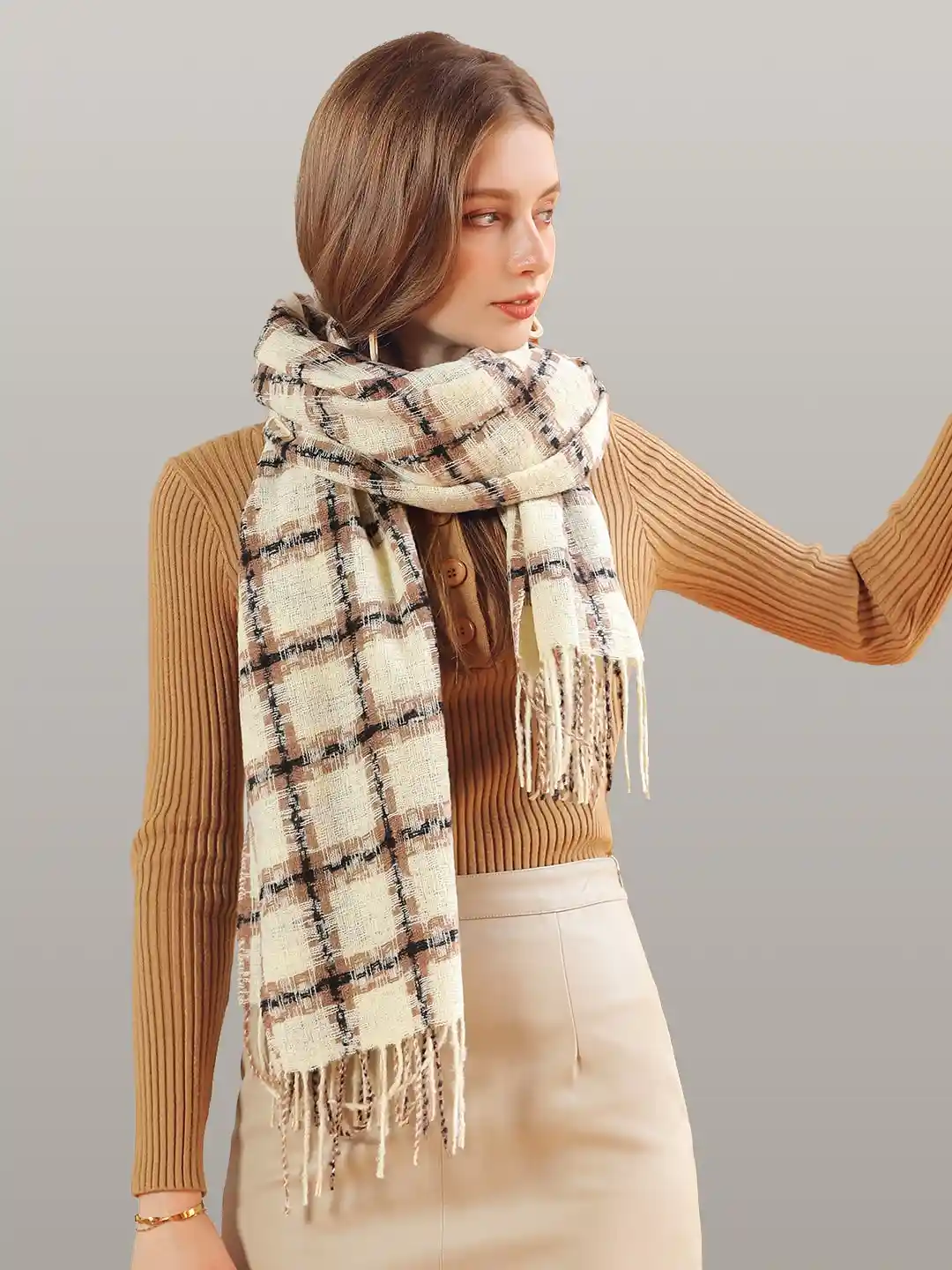 Buy JC Collection Women Cream-Coloured Beige Checked Scarf