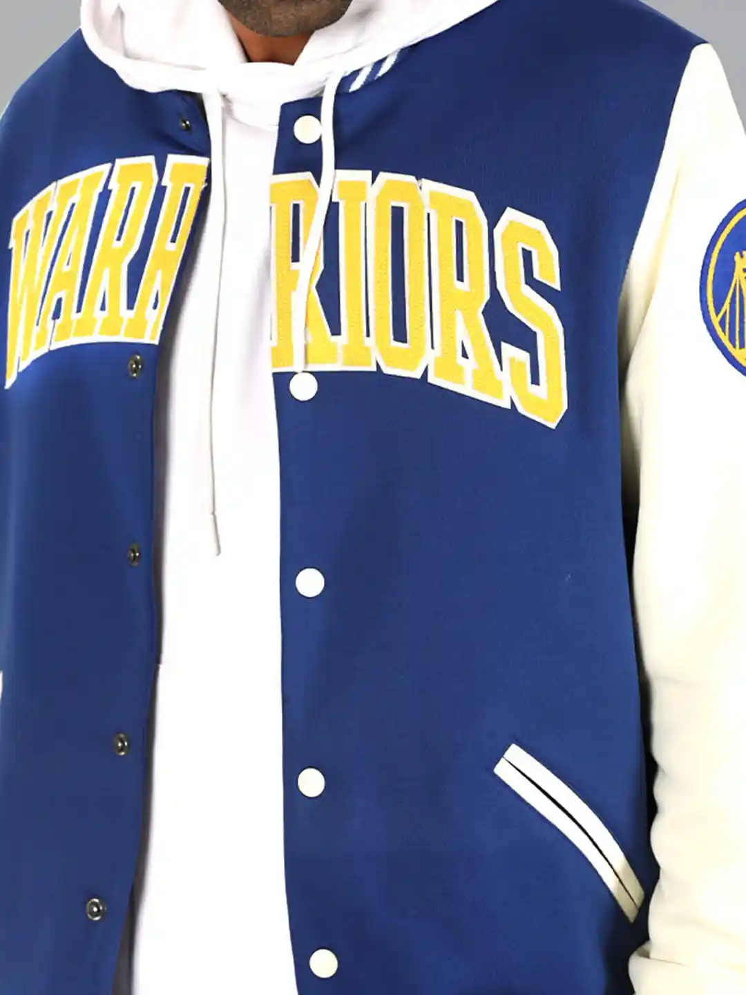 NBA Men Royal Blue Golden State Warriors Typography Letterman Bomber Jacket