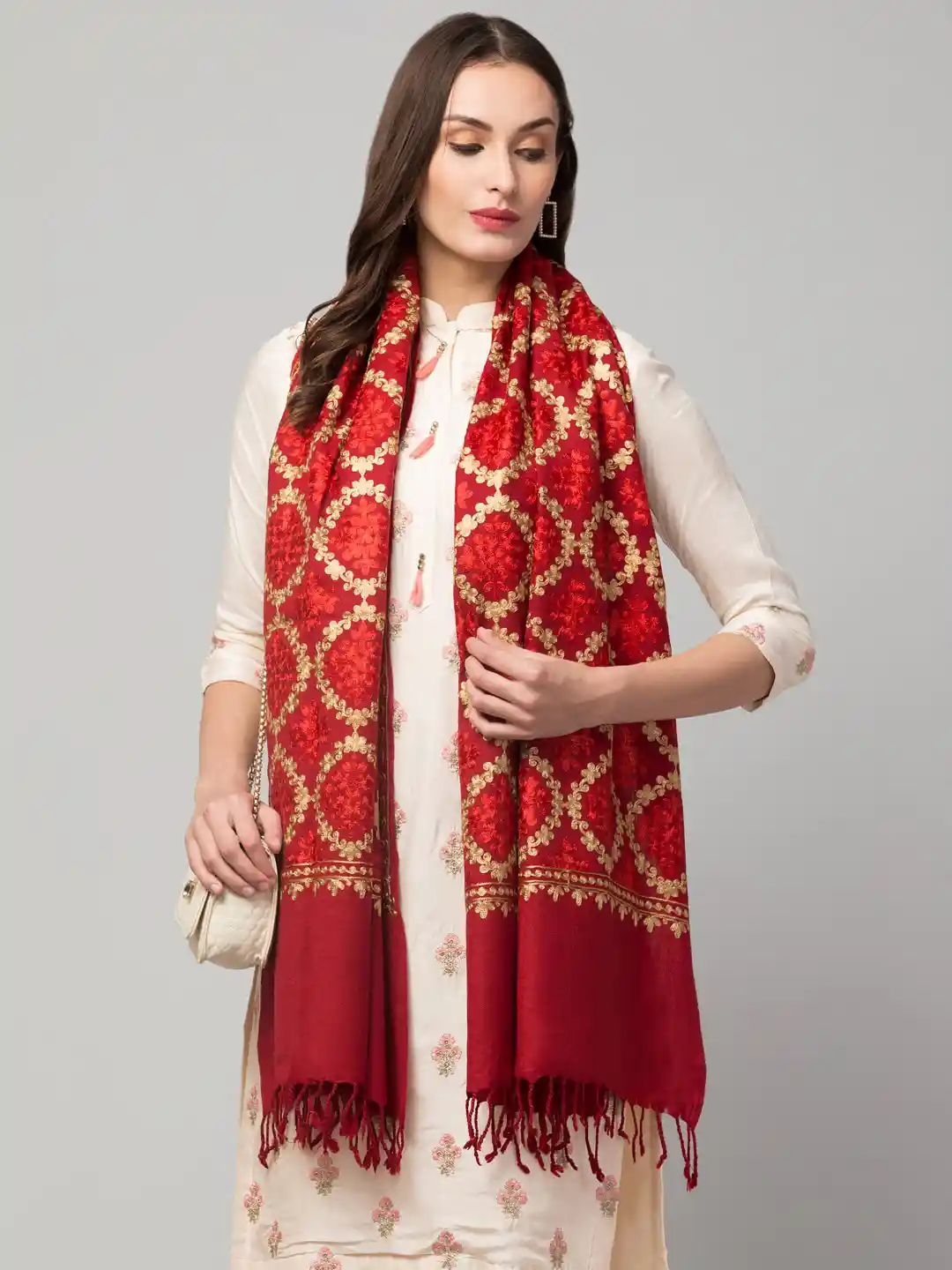 Buy Tweedle Women Red Embroidered Pure Woolen Shawl Shawl for