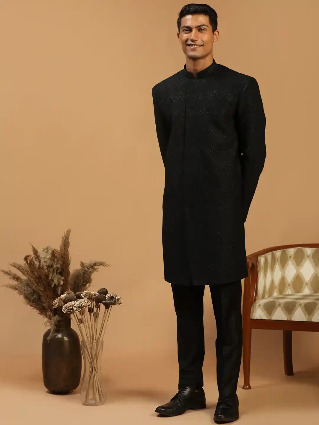 Buy VASTRAMAY Men Black Self-Design Indo Western Sherwani Set