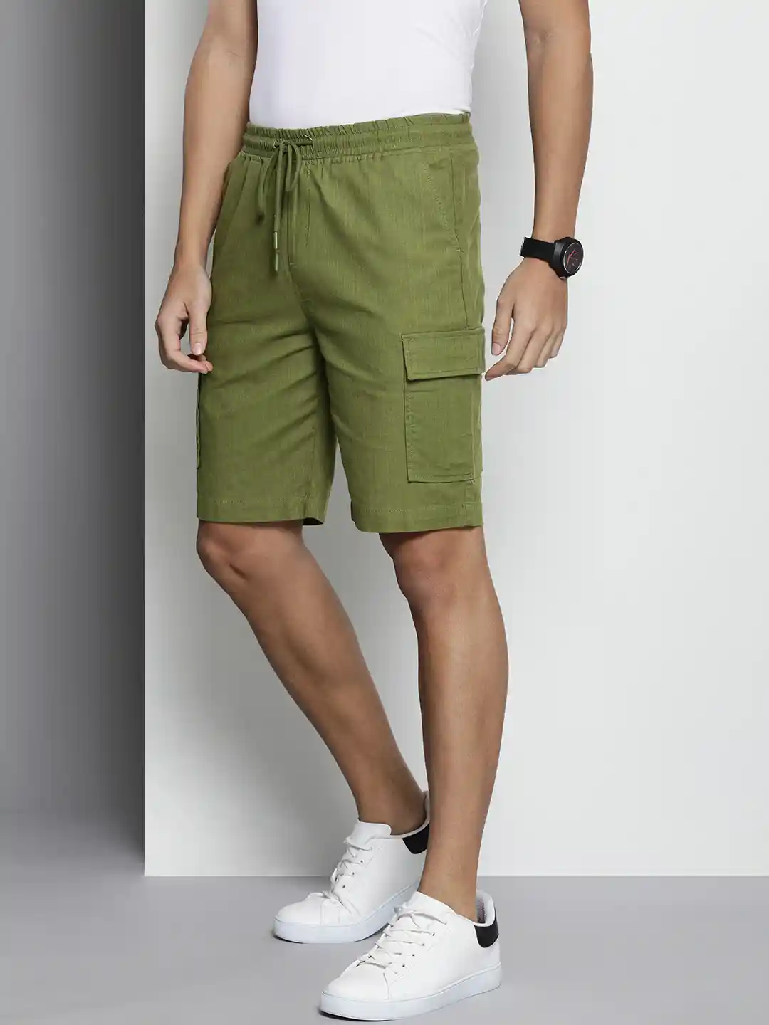 The Indian Garage Co Men Linen Cotton Slim Fit Cargo Shorts