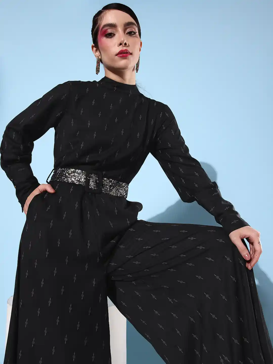 QUIERO Women Black Grey Printed Culotte Jumpsuit With Belt