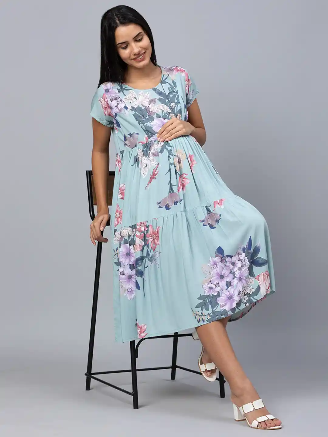 AV2 Blue Floral Printed Maternity Midi Dress