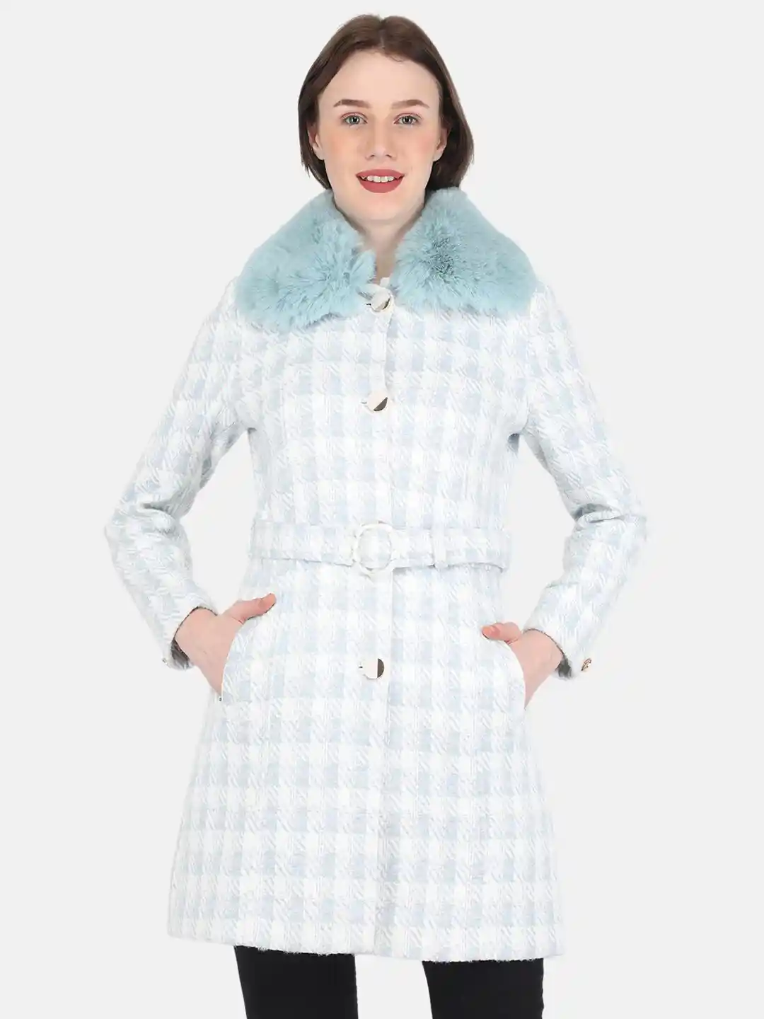 Buy Monte Carlo Women White Blue Checked Trench Coats Coats