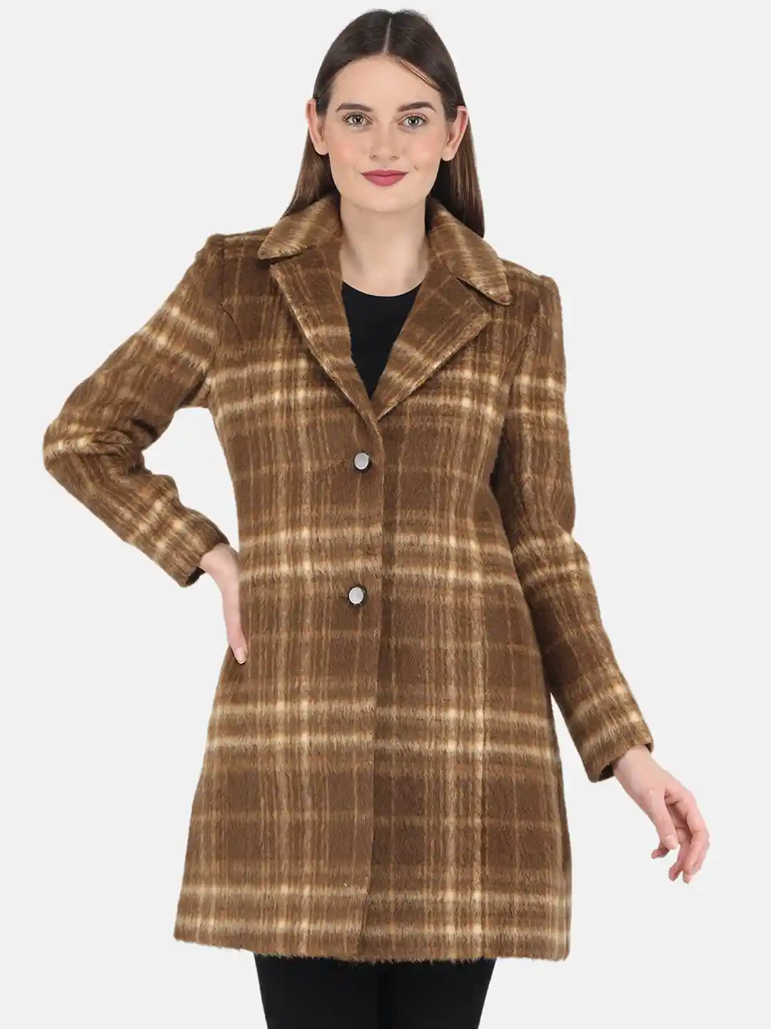 Buy Monte Carlo Women Tan Checked Single-Breasted OverCoat Coats