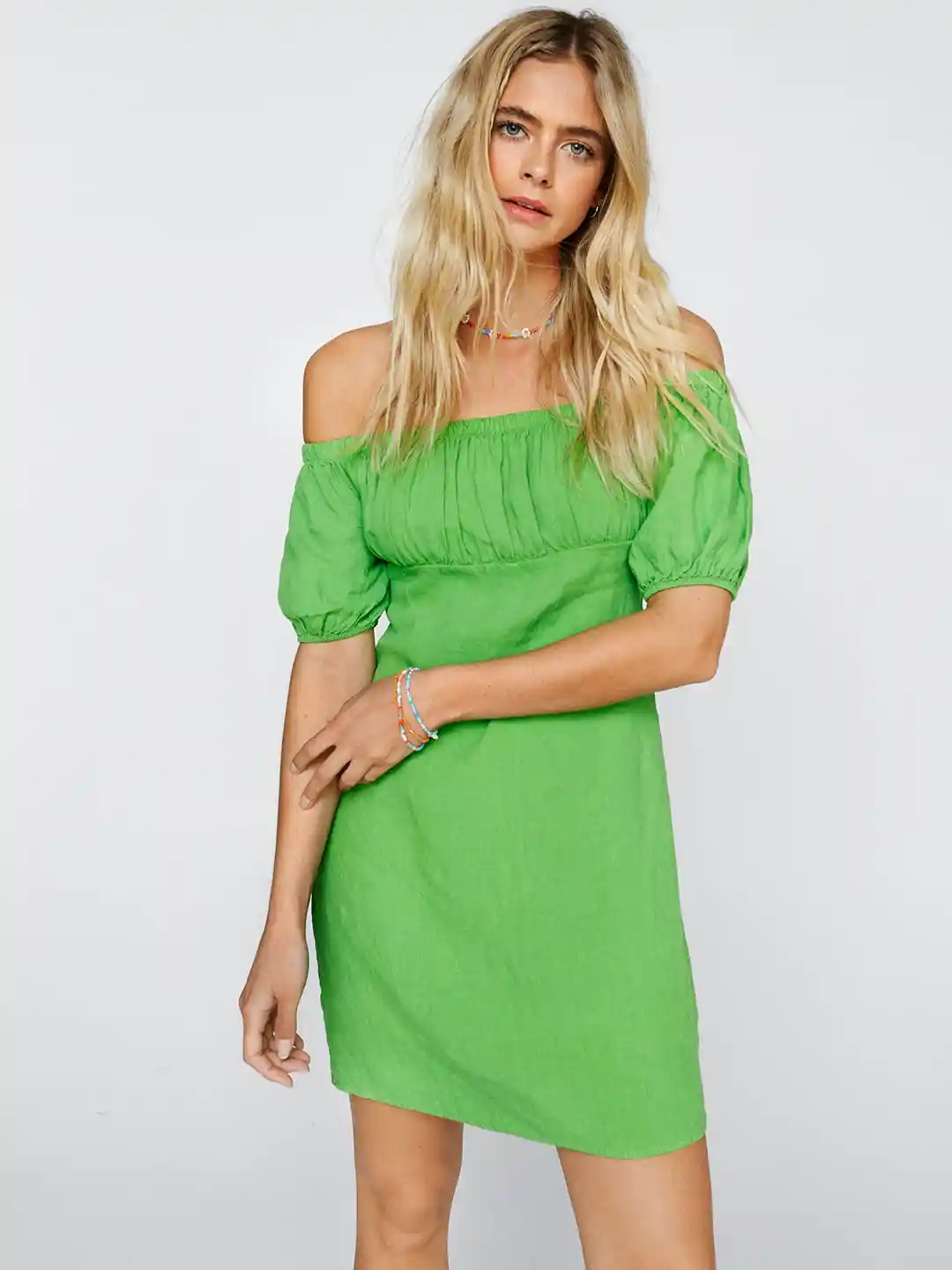 Buy NASTY GAL Green Pure Linen Off-Shoulder A-Line Mini Dress