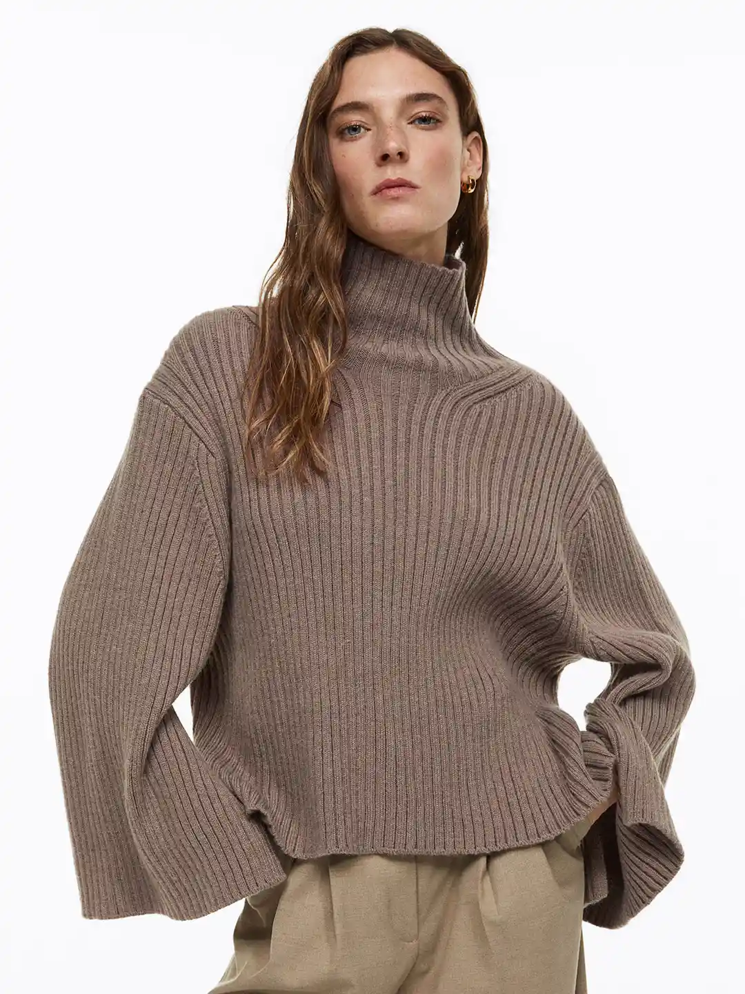 Buy H&M Women Beige Oversized Turtleneck Jumper Sweaters for