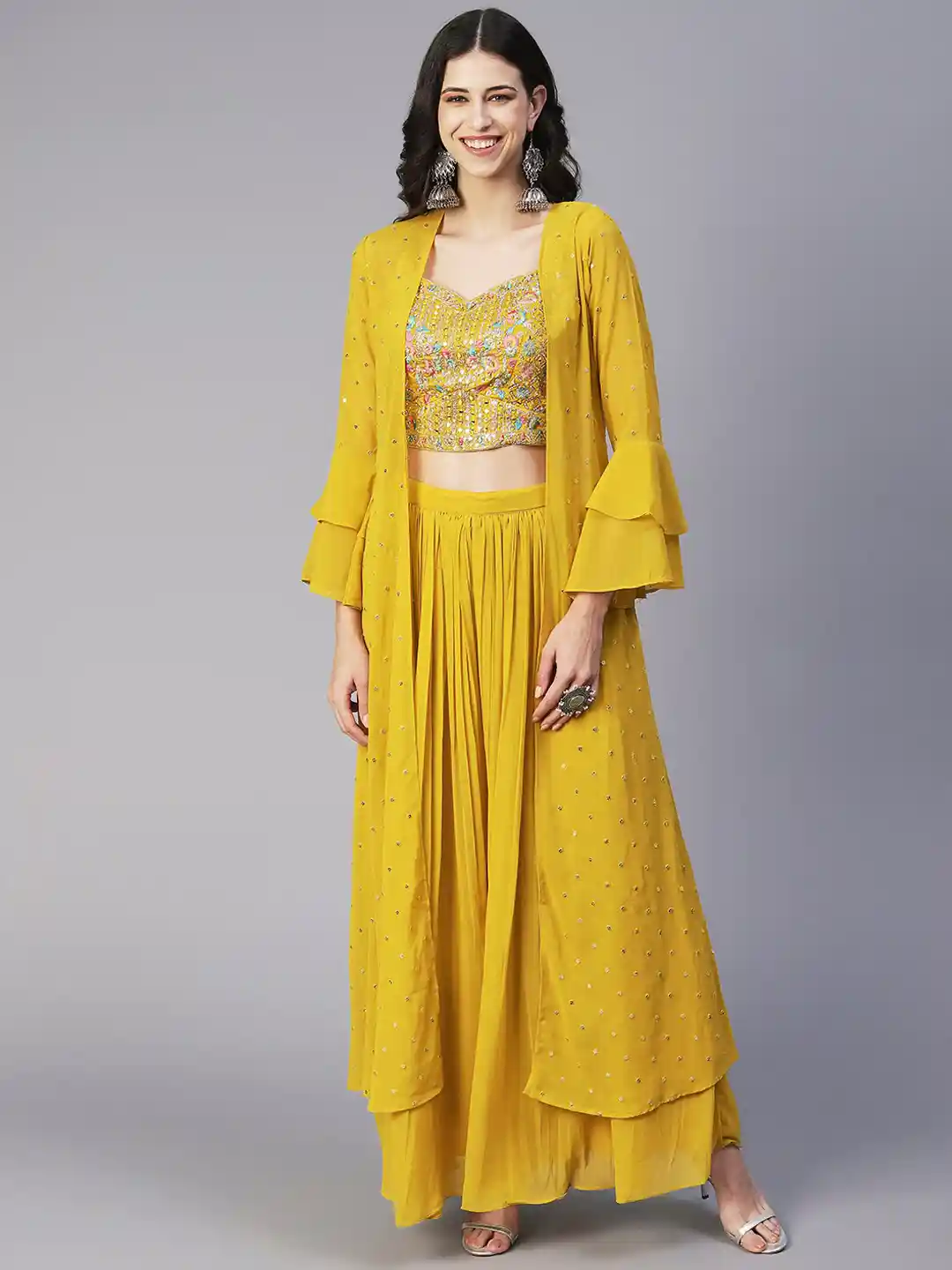 Buy Envy Me by FASHOR Yellow Ethnic Motifs Mirror Work Dupion Silk