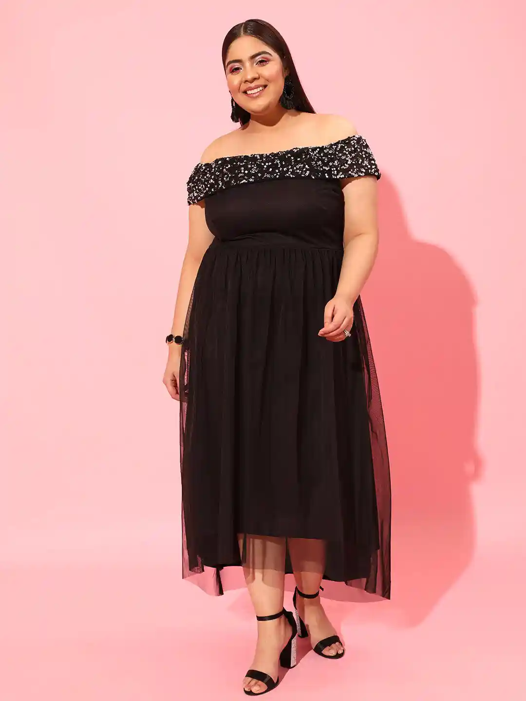 Buy CURVY STREET Black Plus Size Off-Shoulder Net Maxi Dress