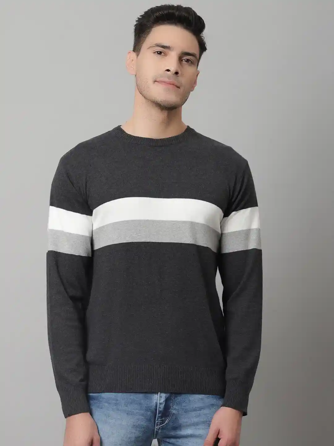 Buy Cantabil Men Grey Melange White Striped Long Sleeves Wool