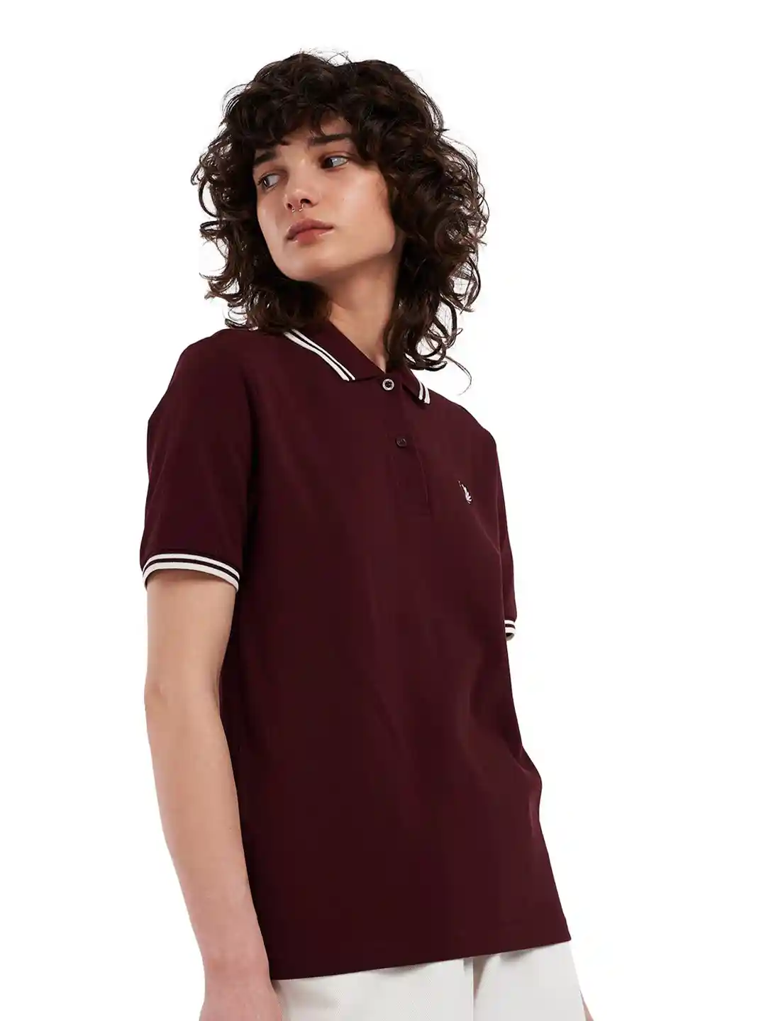 Buy Fred Perry Women Maroon White Polo Collar Pure Cotton T