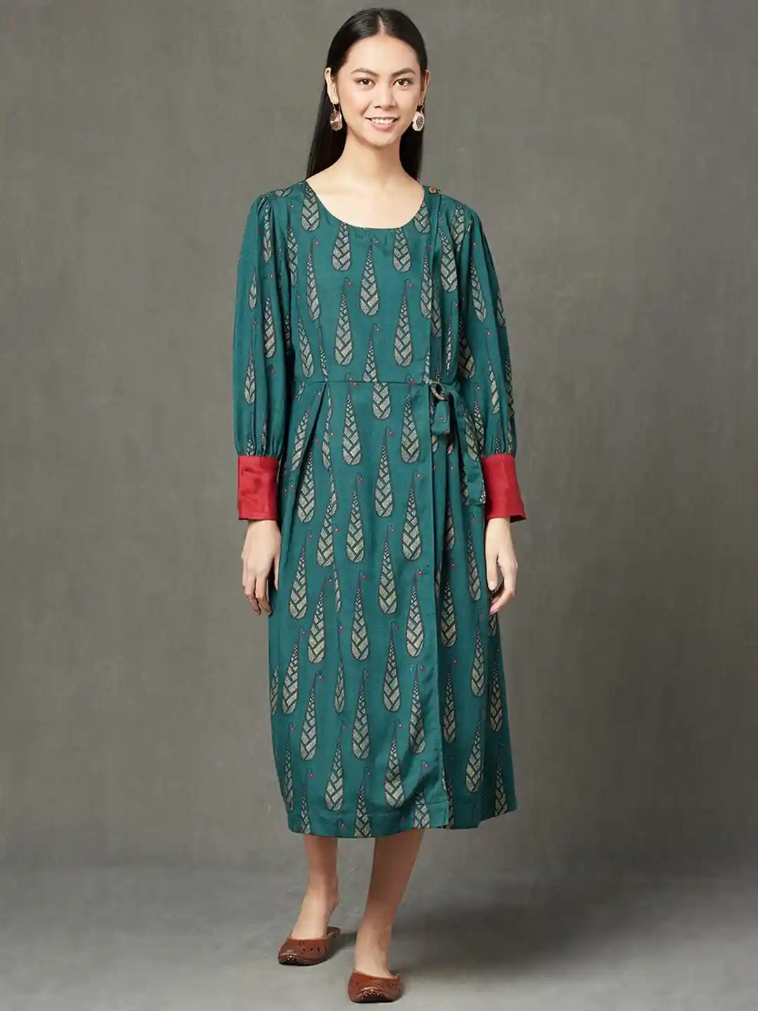 Buy Fabindia Green Ethnic Motifs A-Line Midi Dress Ethnic