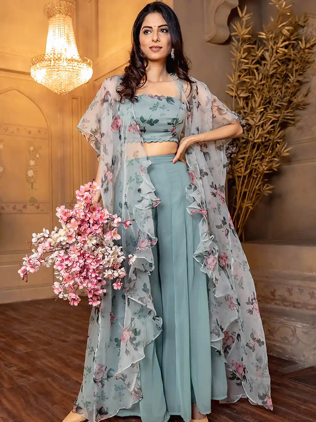 Dress Crop Top With Palazzo And Long Shrug Buy Lavanya The Label