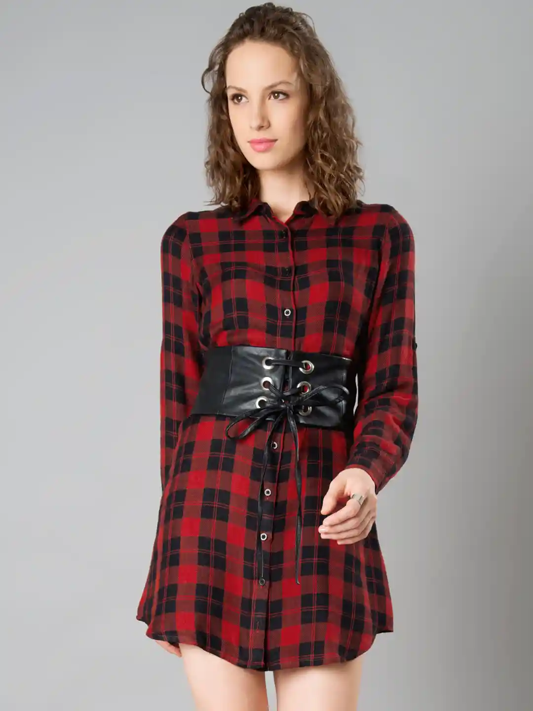 Buy FabAlley Women Red Tartan Check Shirt Dress with Corset