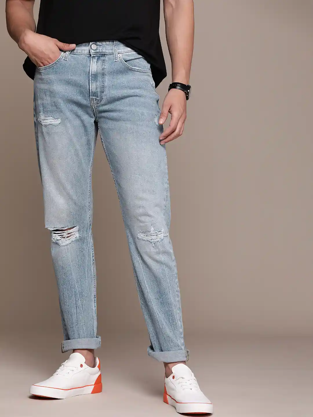 Calvin Klein Jeans Men Slim Fit Highly Distressed Heavy Fade Stretchable  Jeans