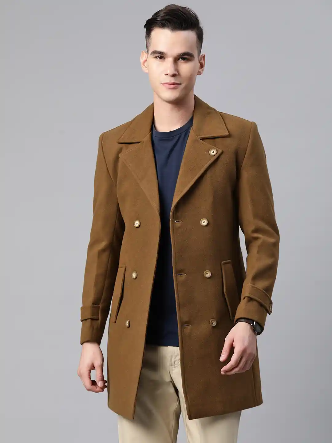 Buy Pierre Carlo Men Notched Lapel Collar Hip Length Overcoat