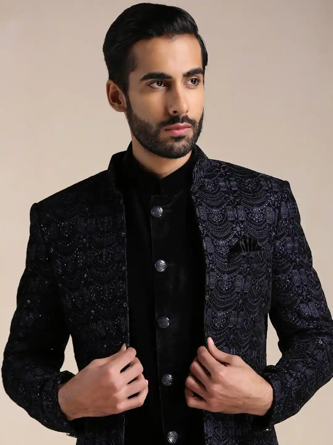 Buy Manyavar Embellished Velvet Indo Western Sherwani Set
