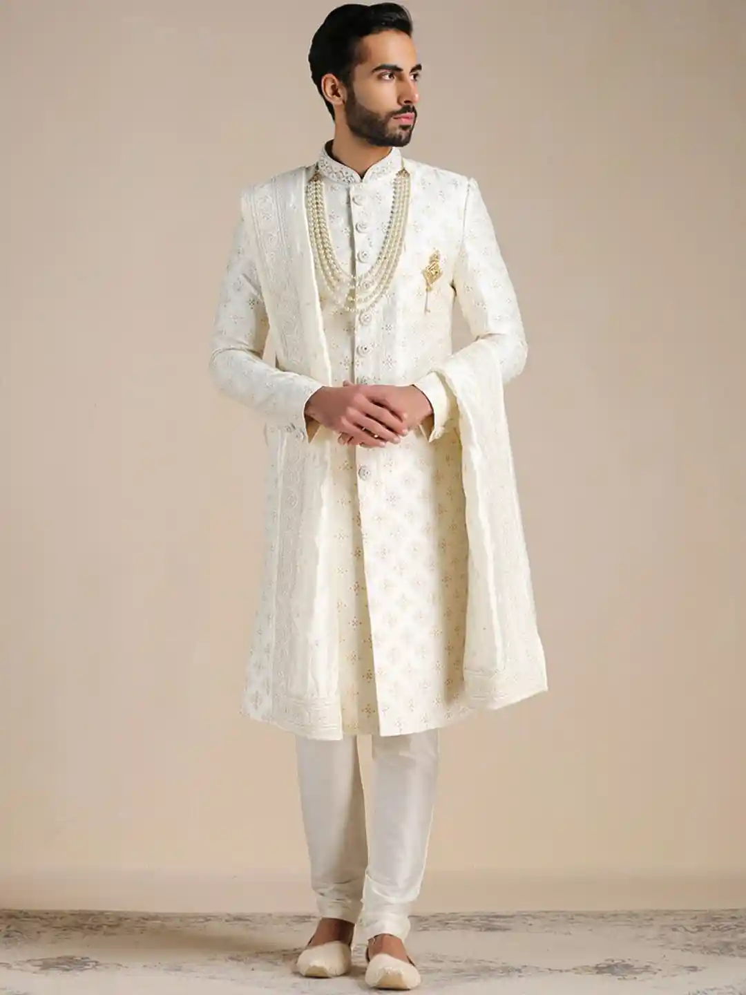 Buy Manyavar Men Self-Design Art Silk Full Sleeves Sherwani Set