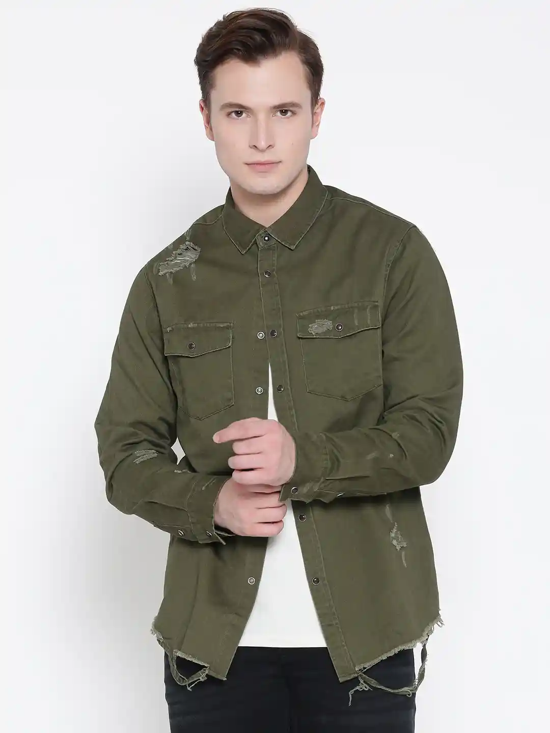 Buy FOREVER 21 Men Olive Green Solid Distressed Denim Shirt