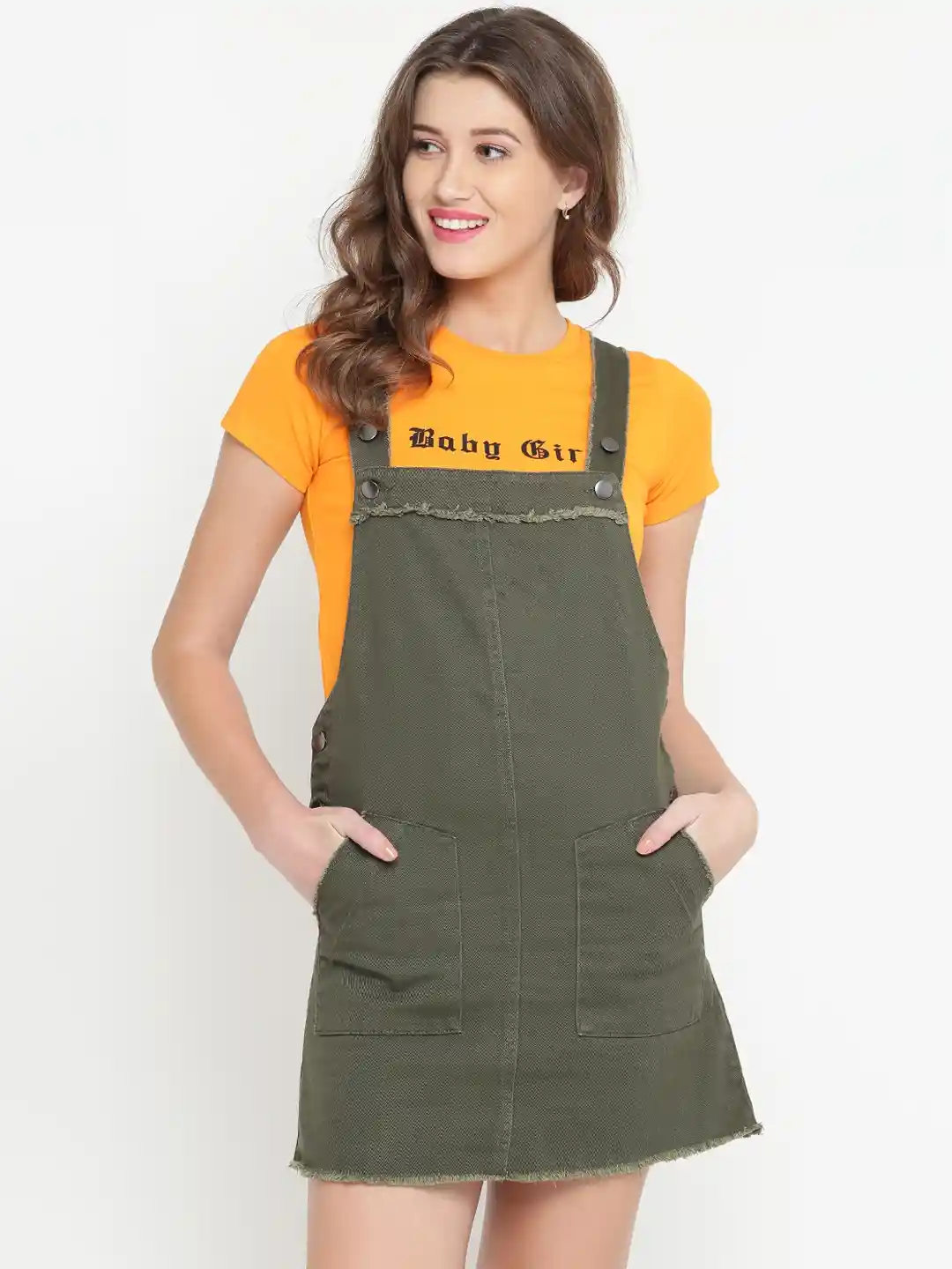 Jeans Girls Clothes Forever 21 FOREVER 21 Women Olive Green Solid Denim  Pinafore Dress, image size:1080x1440