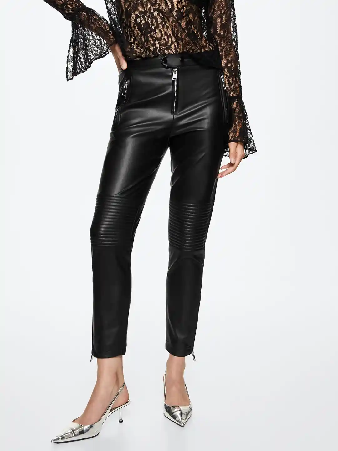 MANGO Women Faux Leather Regular Fit Trousers
