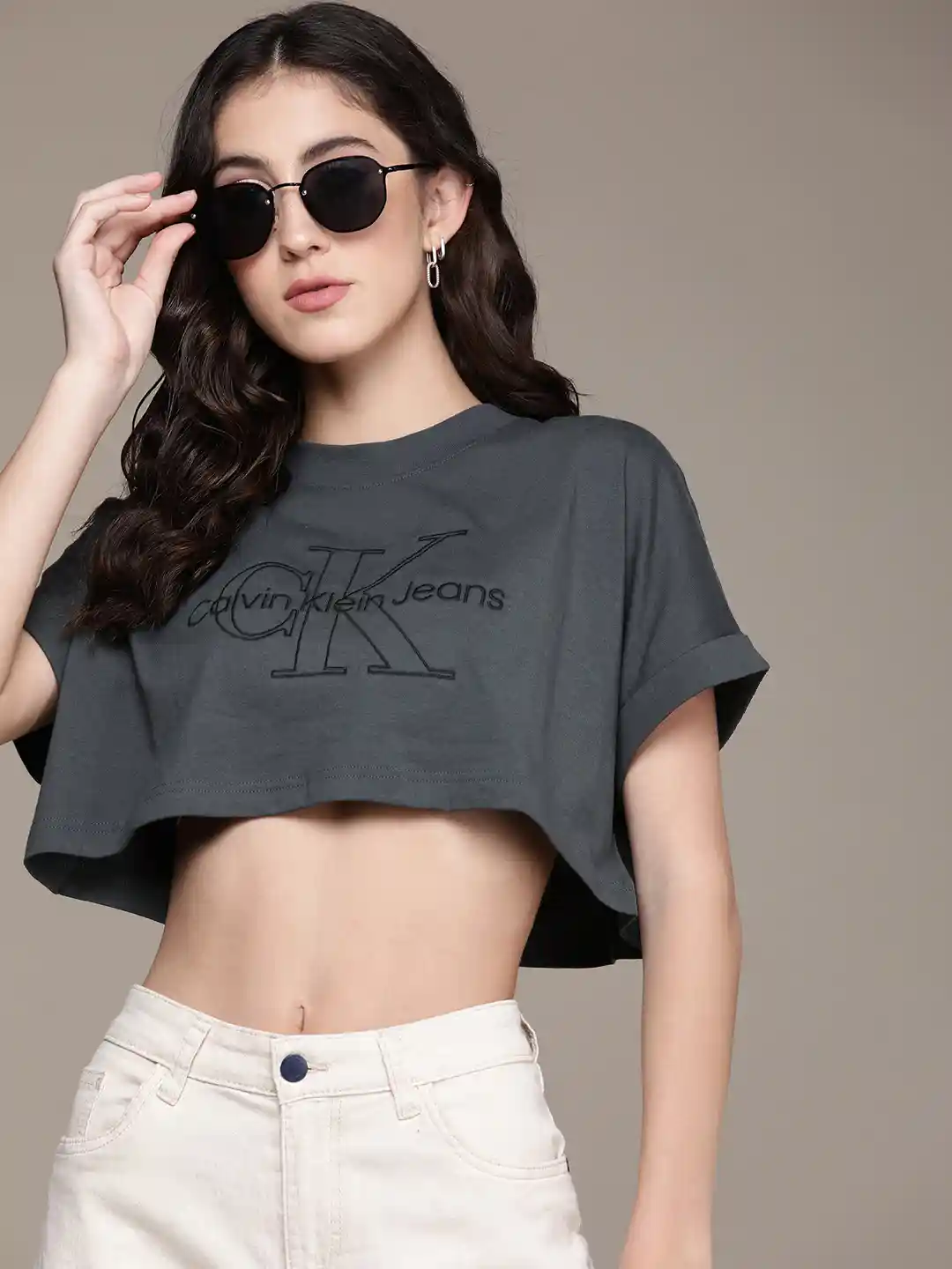 Calvin Klein Jeans Women Pure Cotton Brand Logo Printed Roll-Up Sleeves  Boxy T-shirt - Main Image