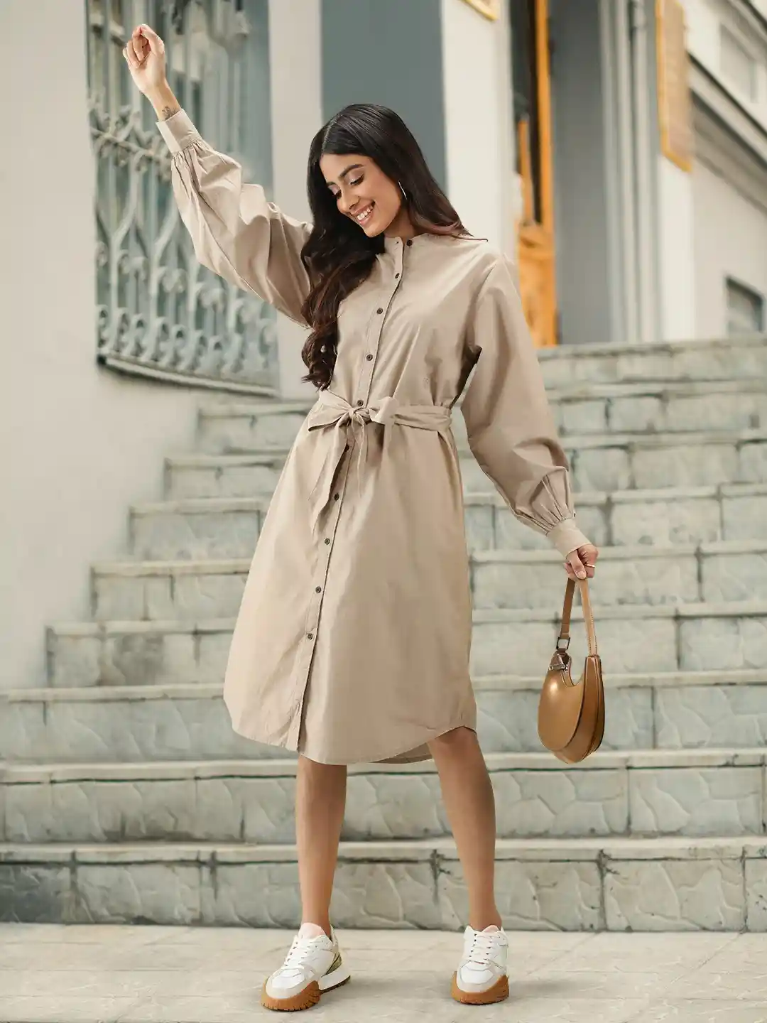 Myntra Womens Shirt Dress Knee Length StyleCast Green Mandarin