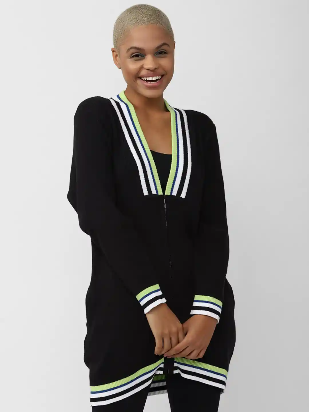 Buy FOREVER 21 Women Striped Longline Cotton Cardigan Sweater - Main Image