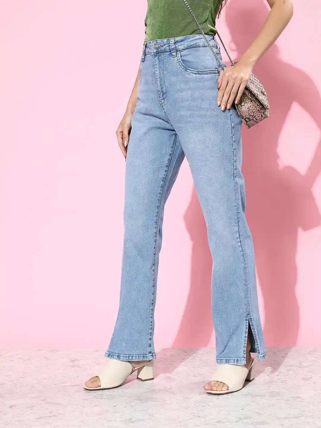 Mast Harbour Women Beryl Blue Straight Fit Heavy Fade Romance Ramble Slit  Jeans