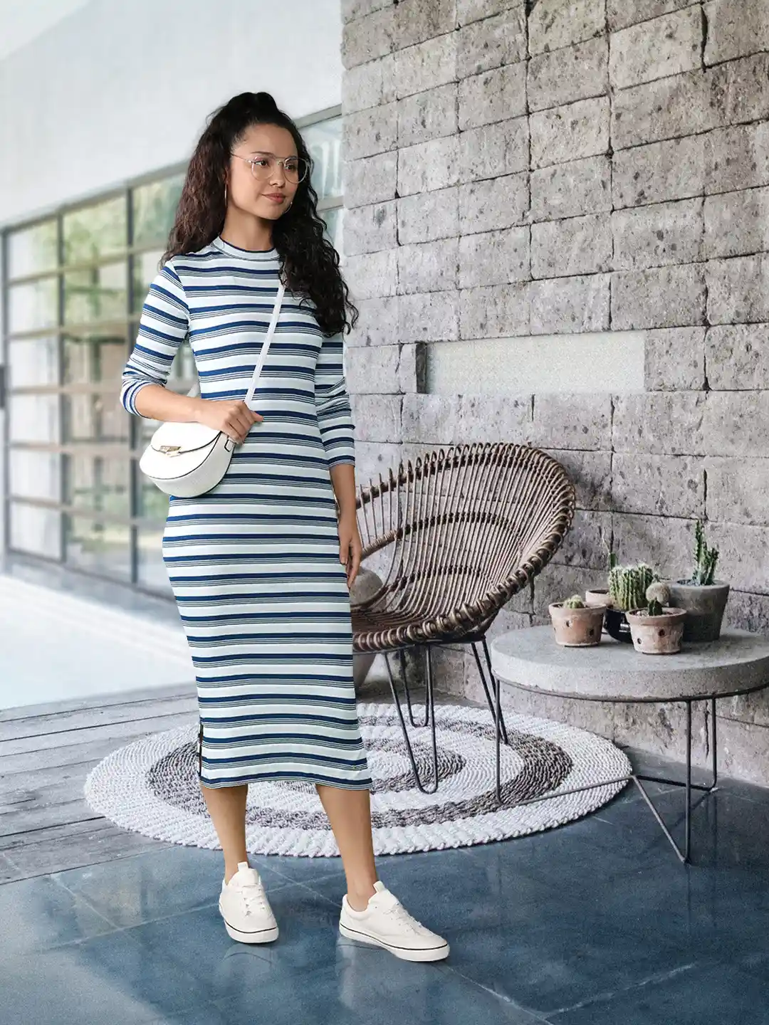 Van Heusen Woman Striped Round Neck Midi Jumper Dress