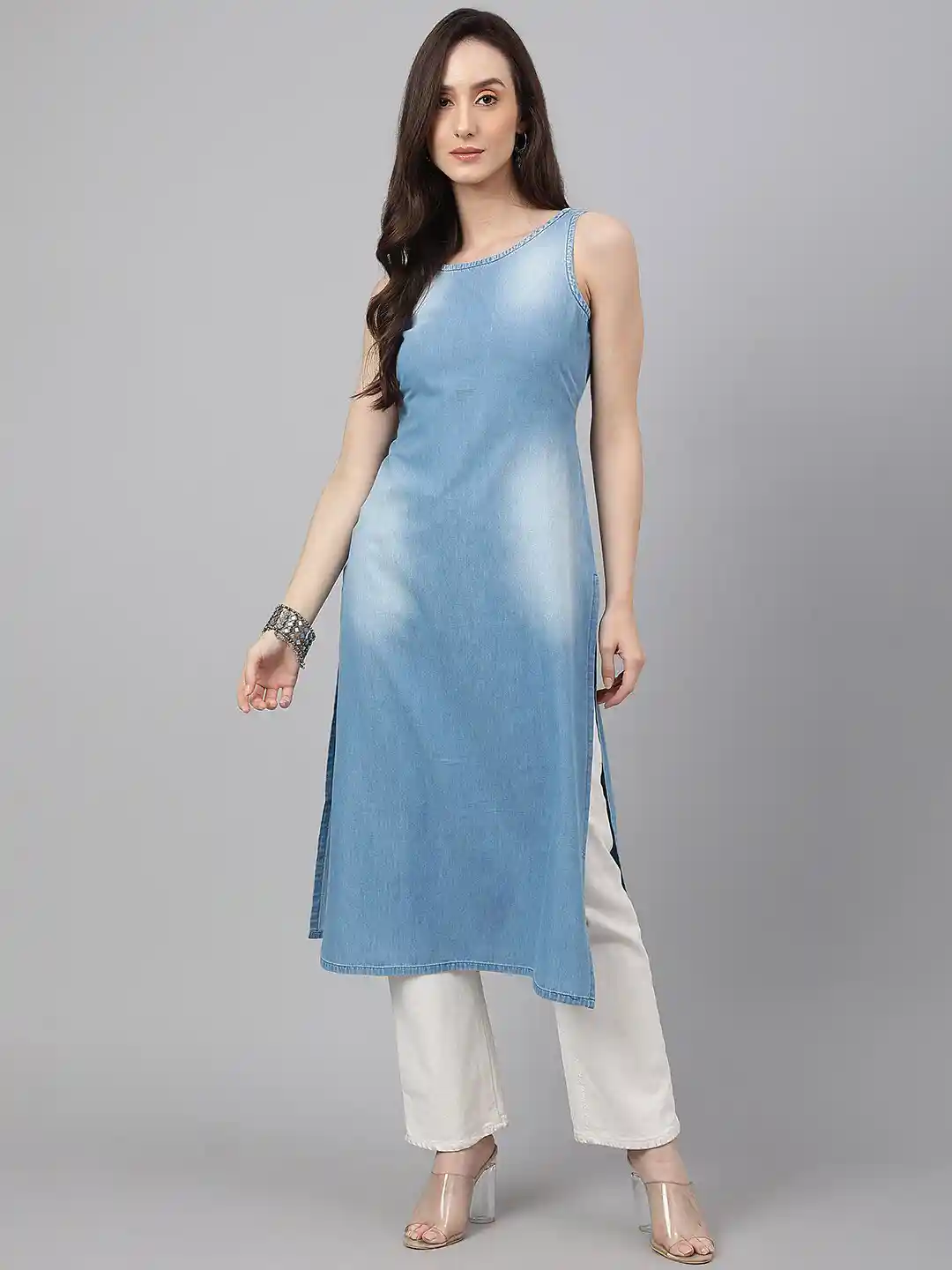 Buy Janasya Women Light Blue Solid Denim Straight Kurta Kurtas