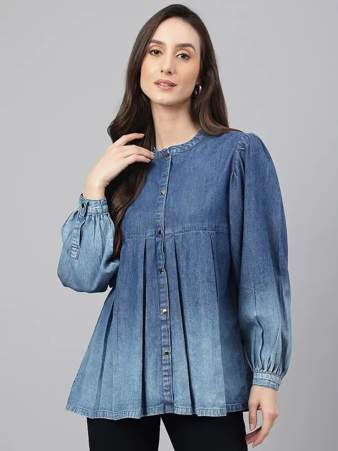 Janasya Women's Blue Denim Faded Flared Top