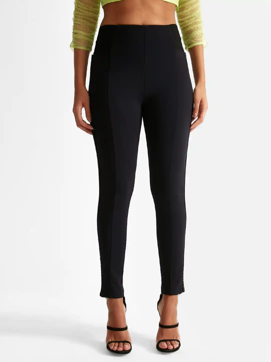 Buy COVER STORY Women Black Skinny Fit Embellished Woven Jegging - Main Image