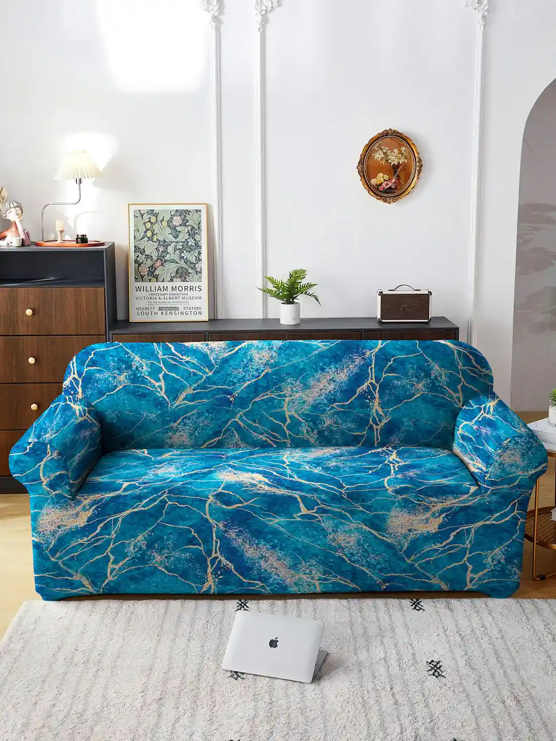 Cortina Teal Blue Yellow Abstract Printed 3-Seater Sofa Cover