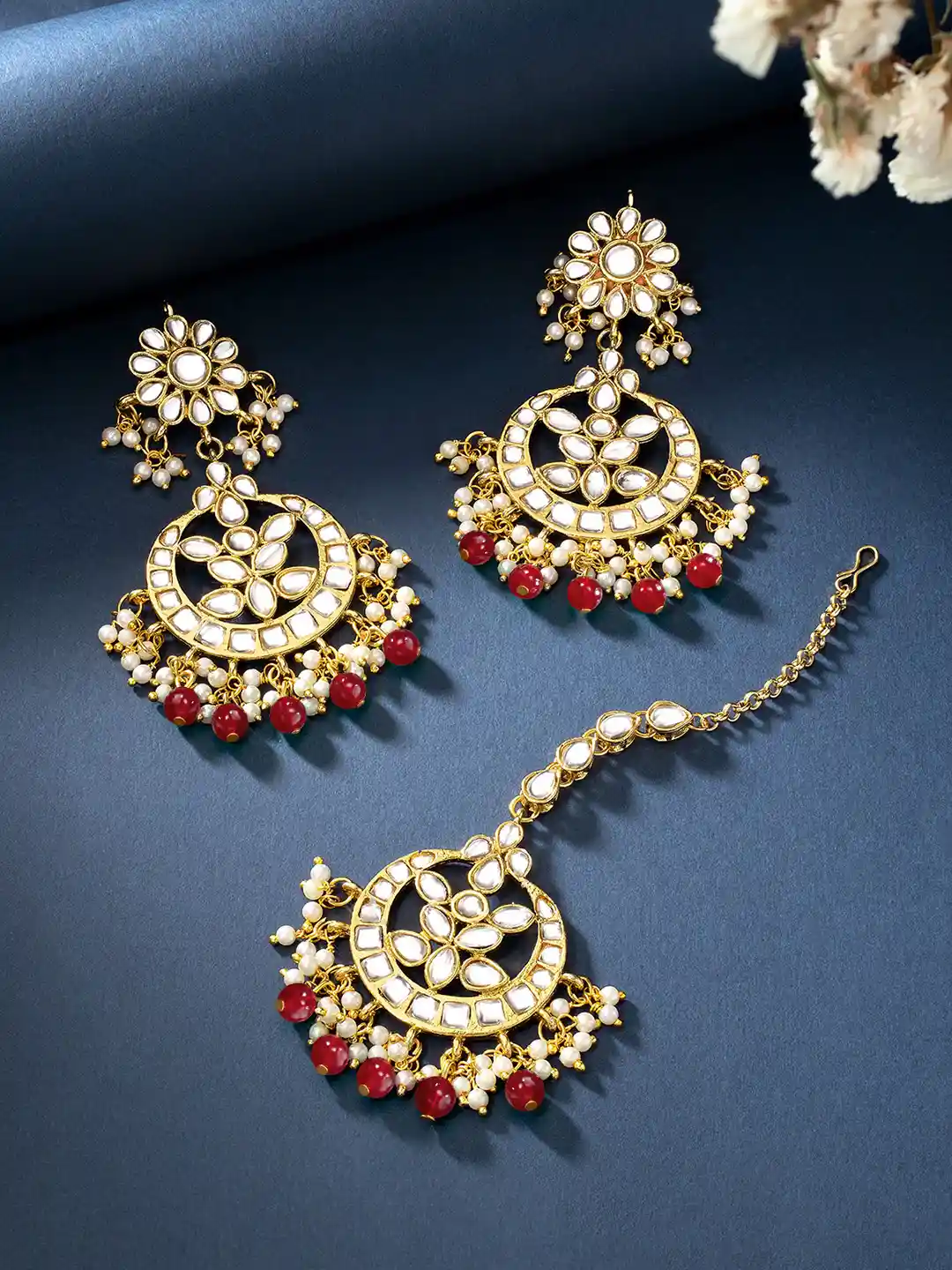 Peora Traditional Gold-Plated Kundan Pearl Maang Tika Earrings  Jewellery Set