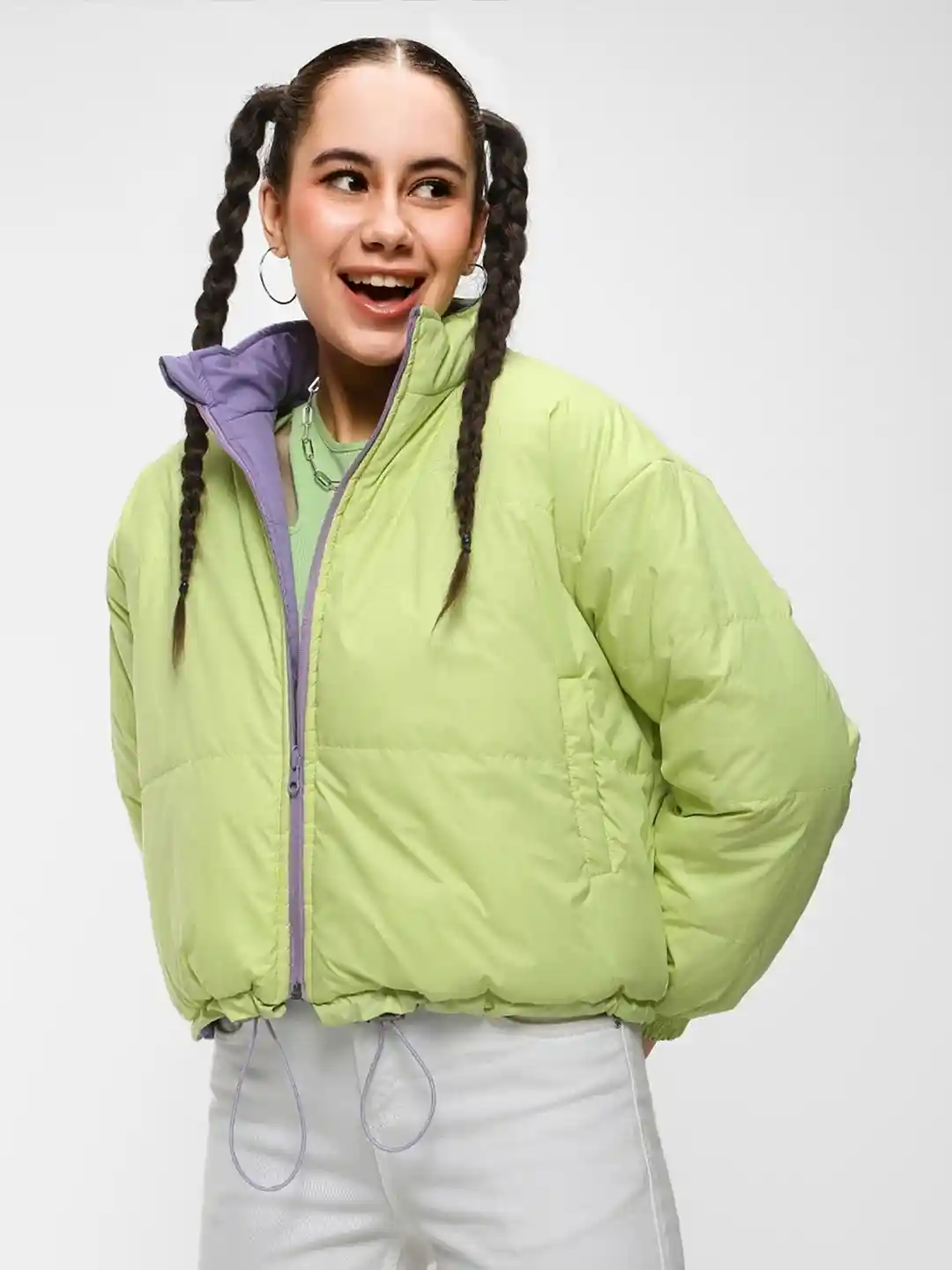 Buy Bewakoof Women Purple Green Reversible Crop Puffer