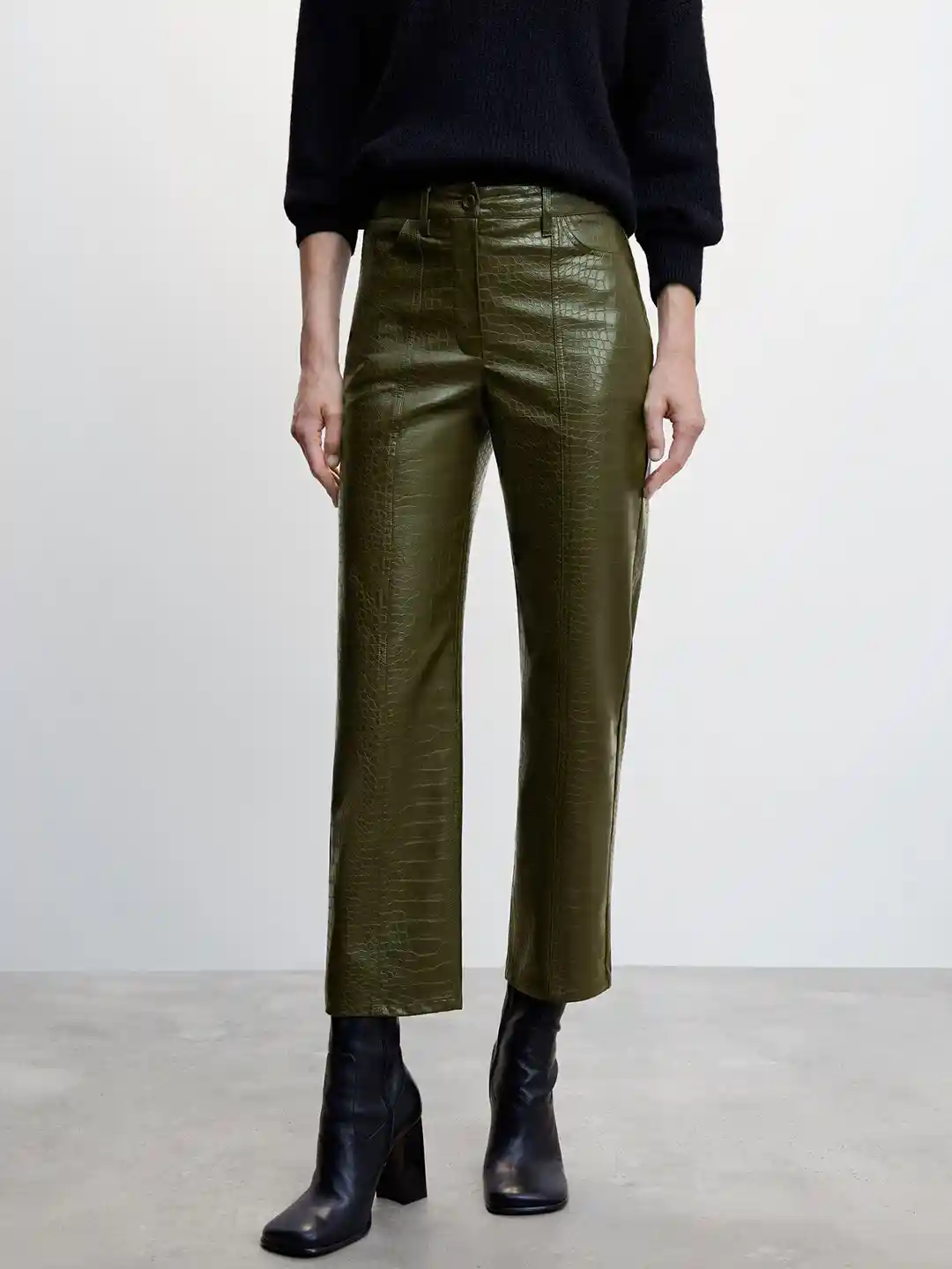 MANGO Women Croc-Textured Faux-Leather Straight Fit Trousers