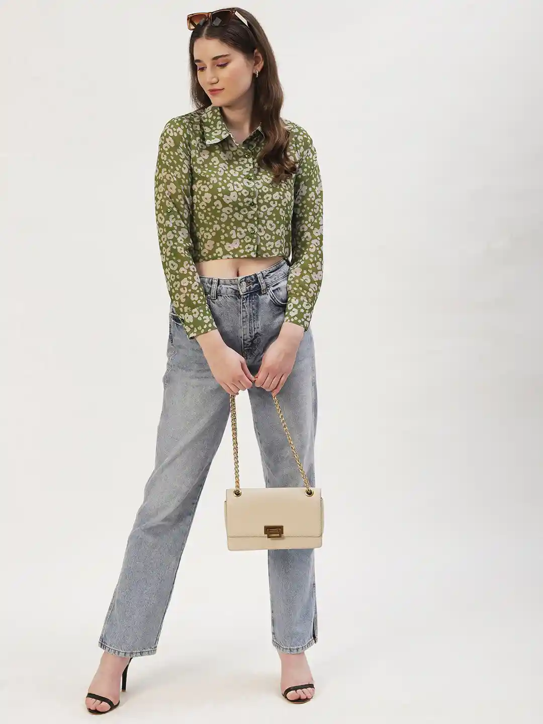 DressBerry Green Floral Print Georgette Shirt Style Crop Top