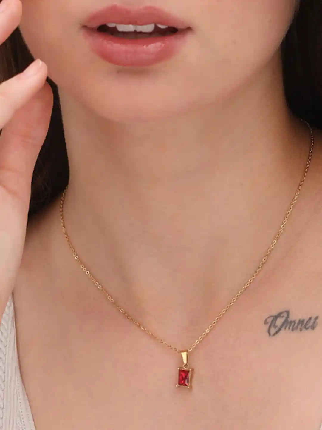 PALMONAS 18k Gold Plated Ruby Red Stone Necklace