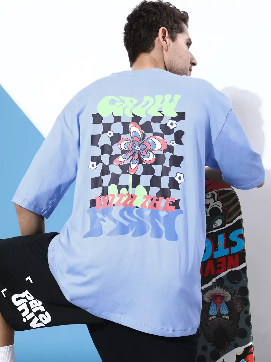 Kook N Keech Powder Blue Love Is In the Air Flower Power Printed Pure  Cotton Oversized T-shirt