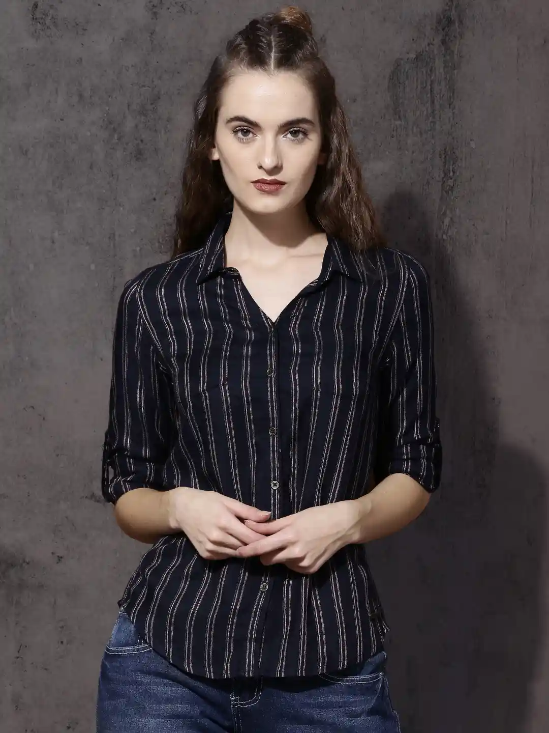Roadster Women Navy Blue Burgundy Regular Fit Striped Casual Shirt